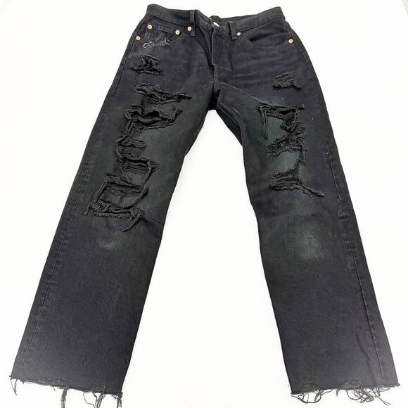 Levi's 501 Ripped Black Denim Jeans Button Fly Raw Hem Size 27 x 26 - Picture 2 of 9